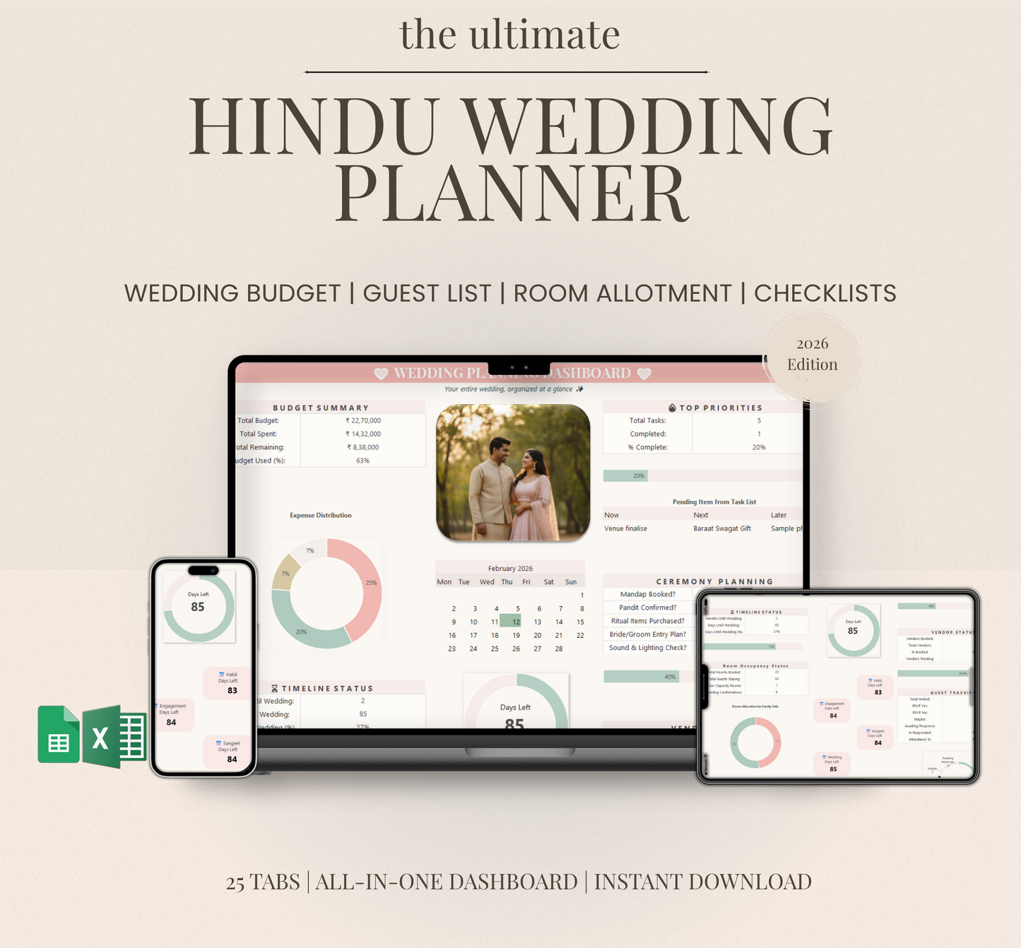 Ultimate Indian Wedding Excel Planner| 25 Worksheets Budget Tracker, Guest List Manager, Vendor Organizer